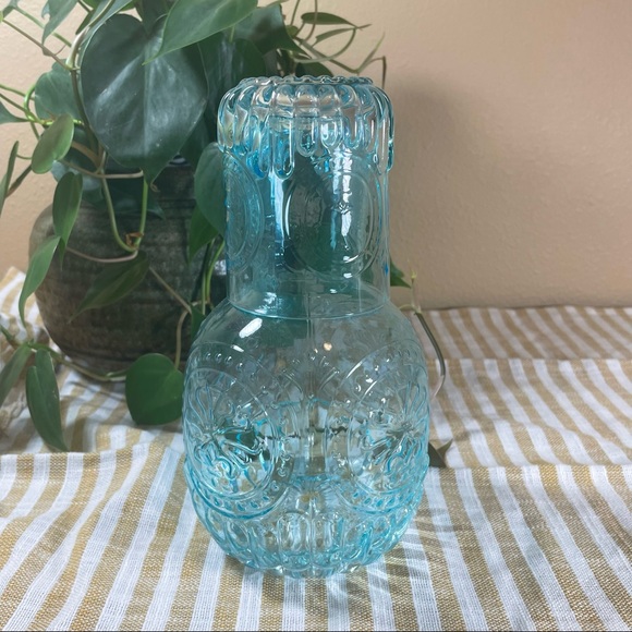 Tumble Up Carafe Other - SOLD - Glass Tumble Up Carafe With Cup Blue Glass Embossed
